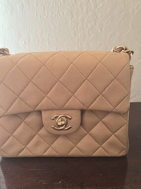 Authentic Chanel Classic Quilted Flap Bag in Beige with Gold Hardware